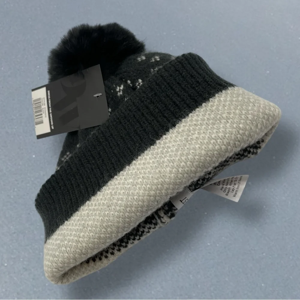 Nine West Fair Isle Faux Fur Trim Beanie Grey with Jewels RHINESTONES Knit Hat
